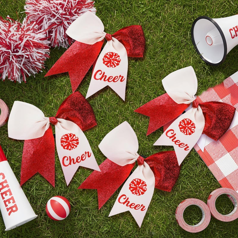 Suncalla 20 Pcs Valentine's Day Red and White Cheer Hair Bows Ponytail Holders Cheer Ribbon Pom Pom Elastic Hair Ties Gifts Bulk for Cheerleaders Women Teams Competition Sports - Image 3